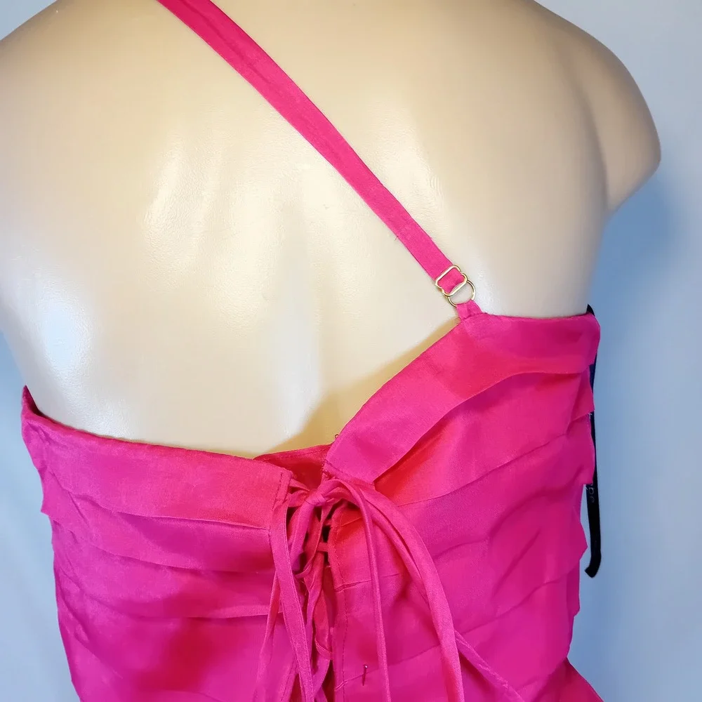 Vintage Y2K Bebe 100% Silk Mini Dress Hot Pink Ruffle One Shoulder Corset Back M - Picture 11 of 16